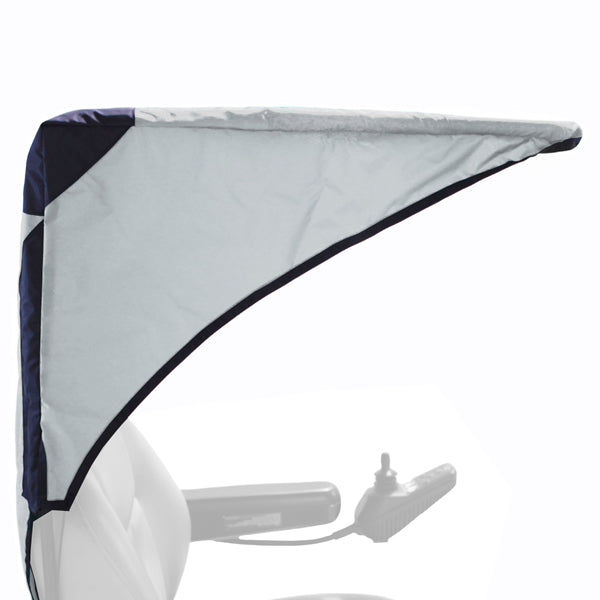 Weatherbreaker Canopy for Scooters & Power Chairs shown mounted on a white chair, providing weather protection with a stylish design.