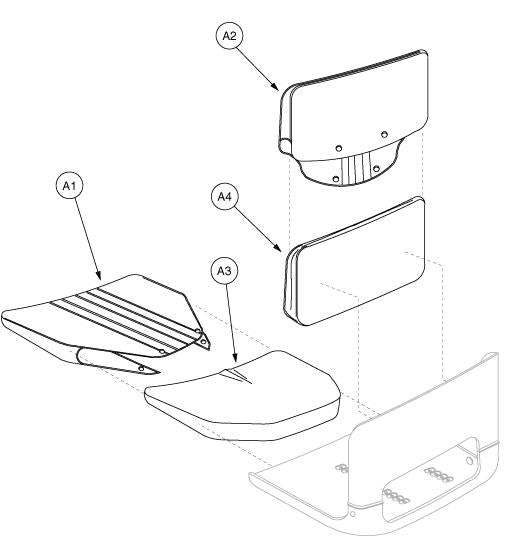 Gray Molded Fabric Seat Base for Pride Shuttle, Rally, and Victory mobility scooters, featuring a contoured design. The inset shows part number A1. The background includes sketches of a laptop, guitar, and face.