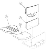 Gray Molded Fabric Seat Base for Pride Shuttle, Rally, and Victory mobility scooters, featuring a contoured design. The inset shows part number A1. The background includes sketches of a laptop, guitar, and face.