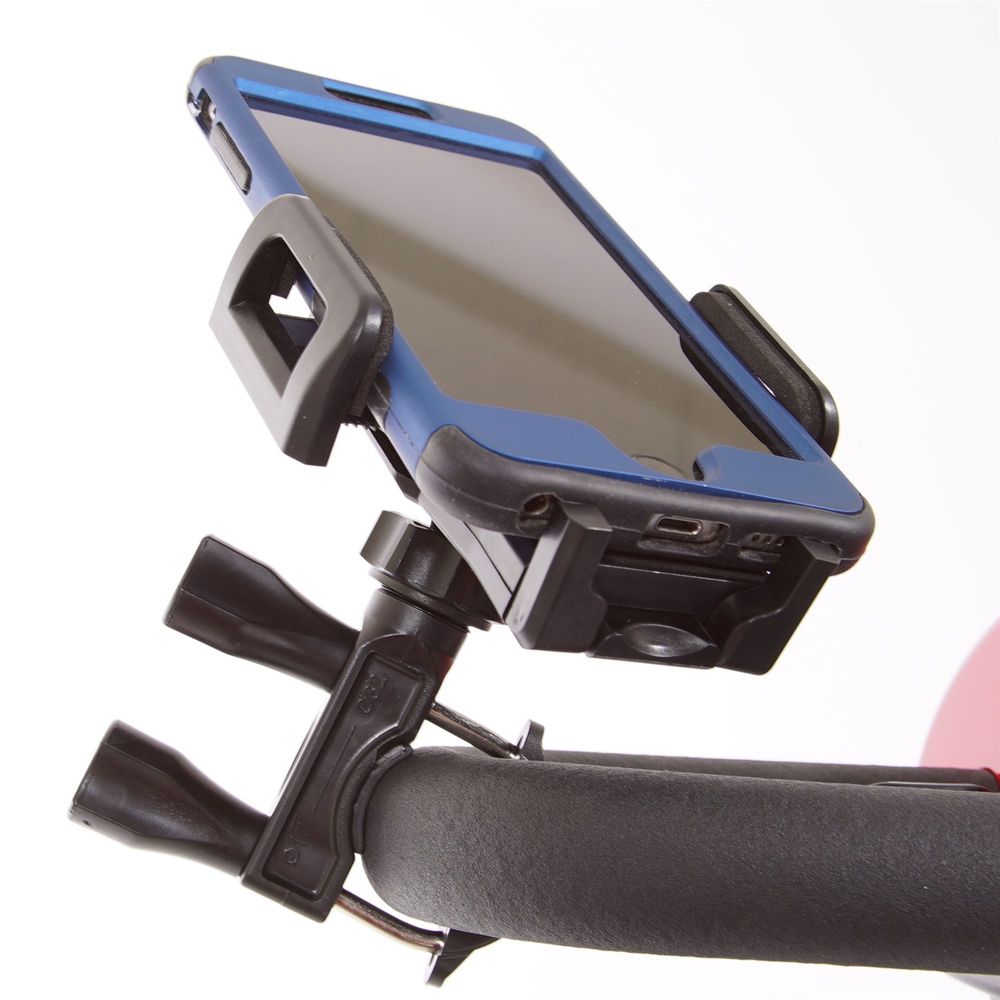 Accessory Cell Phone Holder for the Golden Eagle (GR595) Mobility Scooter mounted on the scooter's tiller, showcasing a secure grip for a smartphone with screw mounts and spring load action for hands-free use.