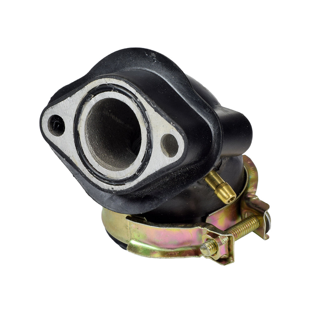 30 mm Intake Manifold with Single Vacuum Fitting for 150cc GY6 Go-Kart & Scooter Engines, featuring a black and silver metal finish, includes hose clamp for secure attachment to the carburetor.