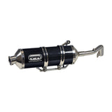 High Performance Racing Exhaust for 125cc & 150cc GY6 Scooters, featuring a black and silver muffler with a close-up of a black carbon fiber tube, includes all necessary hardware and brackets.