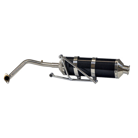 High Performance Racing Exhaust for 125cc & 150cc GY6 Scooters, featuring a black and silver muffler. Includes all necessary hardware and brackets, designed for optimal performance in scooter racing.