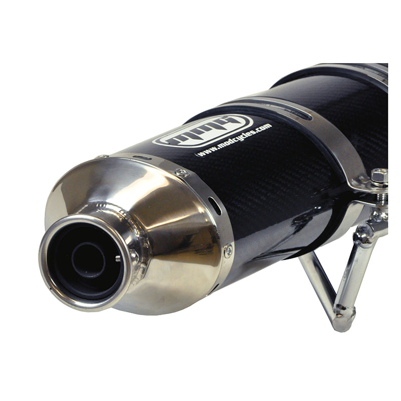 High Performance Racing Exhaust for 125cc & 150cc GY6 Scooters, featuring a sleek black and silver muffler, designed for racing use, shown with all necessary hardware and brackets.