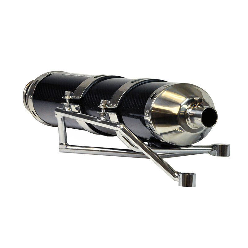 High Performance Racing Exhaust for 125cc & 150cc GY6 Scooters, featuring a sleek black and silver muffler with an adjoining pipe, includes all necessary hardware and brackets for installation.