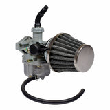 Go-Kart Carburetor for 50cc-125cc engines, featuring a 19mm intake and left-side choke, shown with a black hose attached and close-up of air filter.