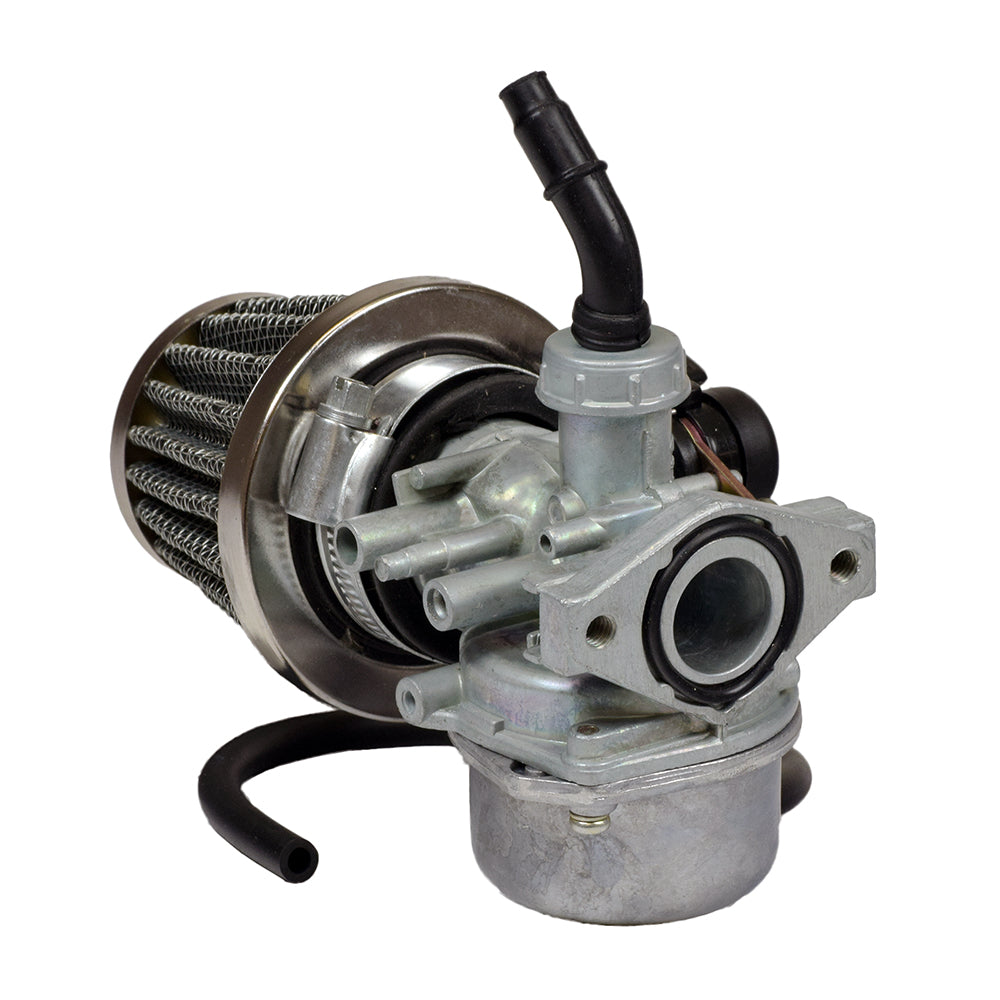 Close-up of a 50cc, 70cc, 90cc, 110cc, 125cc Go-Kart Carburetor with 19 mm intake and left side choke, showing a metal part with a round hole and mounting details.