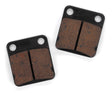 Narrow Front Disc Brake Pads with 28 mm Hole Spacing for Scooters, ATVs, Dirt Bikes, & Go-Karts; close-up of two brake pads with visible bolt holes suitable for various 50cc-150cc engine devices.