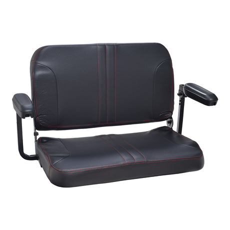 Seat for the EV Rider Royale 4 Dual featuring two side-by-side black seats with red stitching, designed for dual riders on the scooter.