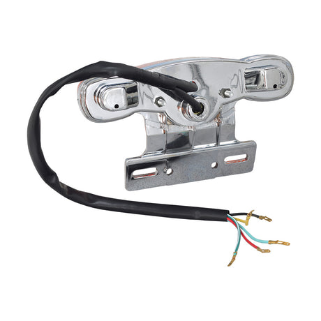 Close-up of the 12-volt brake light and rear turn signals for mini choppers, showing metal components and several wires. Suitable for custom vehicles and scooters.