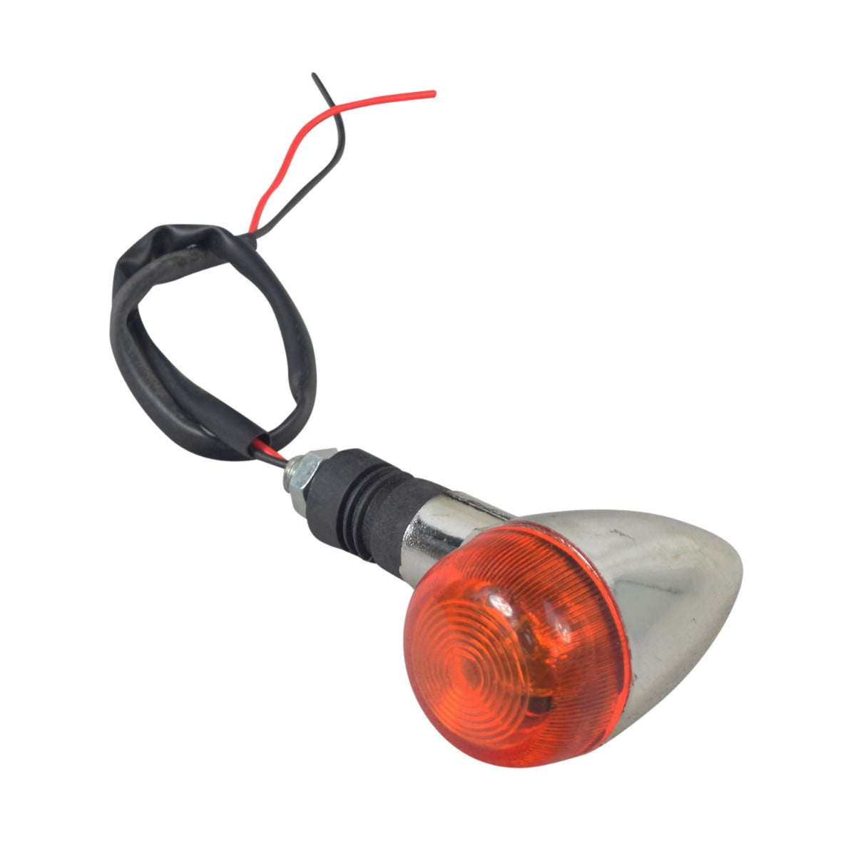 Close-up of a 12 Volt Front Turn Signal for gas scooters and mini choppers, showing the detailed light bulb and wiring components.