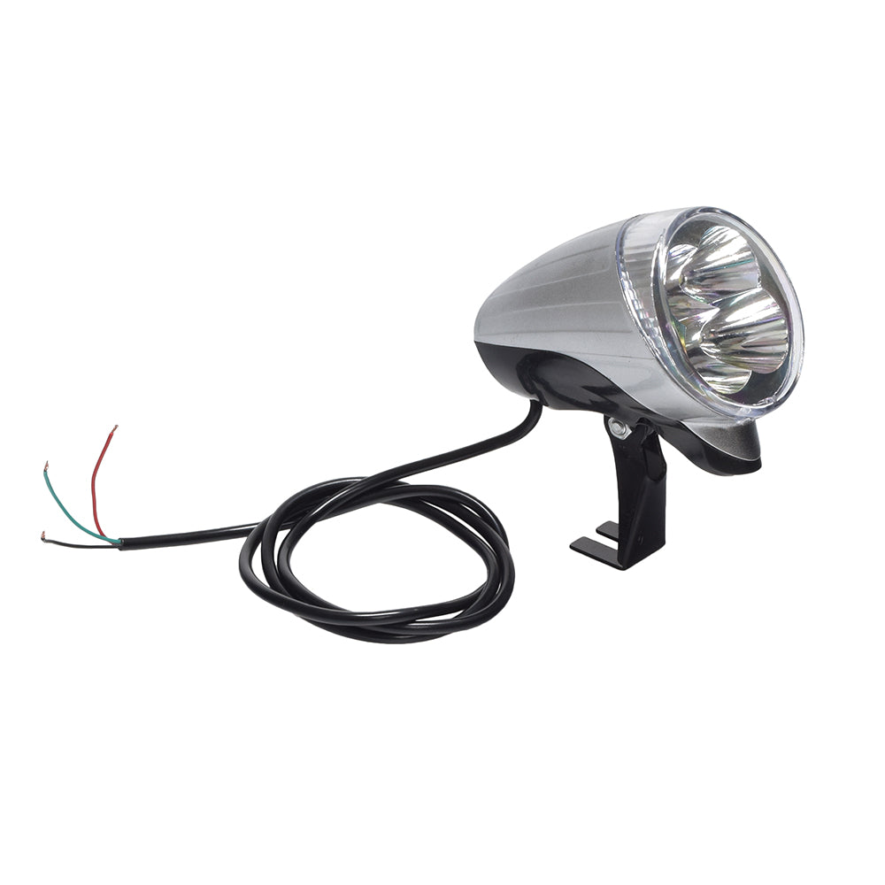 12 Volt Chrome LED Headlight Assembly featuring a close-up of the headlight with a black wire, ideal for gas scooters, mini choppers, and mini bikes.