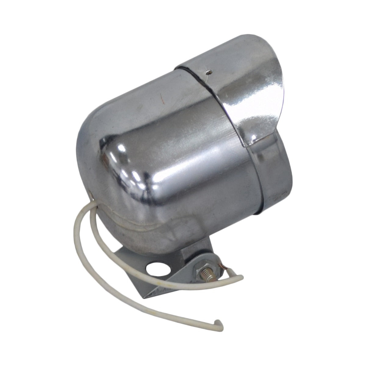 24 Volt Chrome Headlight Assembly showcasing a close-up of a shiny silver cylindrical object with a white wire, fitting most gas scooters and mini choppers.