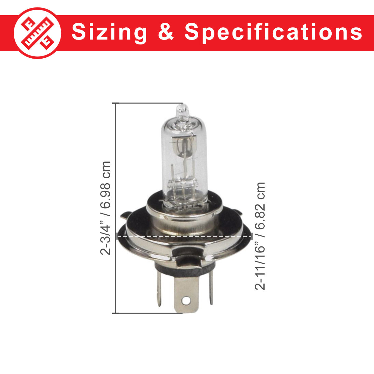 12 Volt 18/18 Watt H4 Headlight Bulb for Gas Scooters, shown with precise measurements and a close-up view, highlighting its small size and suitability for 50cc, 125cc, and 150cc scooters.