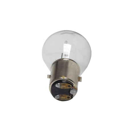 35 Watt B35 headlight bulb with a metal base and clear cap, dual filament for high and low beam options.