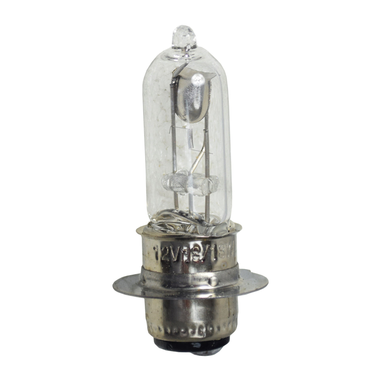 12 Volt 18 Watt Headlight Bulb with Rim for street scooters, featuring a clear glass design and two round contact points at the base.