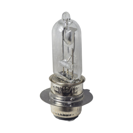 12 Volt 18 Watt Headlight Bulb with Rim, featuring a clear round base, two round contact points, and a metallic finish, designed for street scooters.