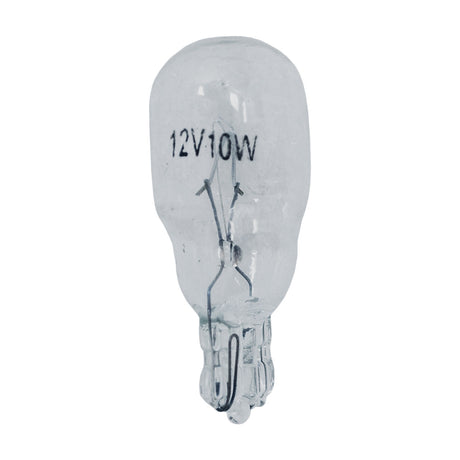 12 Volt 10 Watt T13 Turn Signal and Dash Light Bulb: Close-up of a clear light bulb, showing the filament and black text, designed for use in street scooters ranging from 50cc to 250cc.