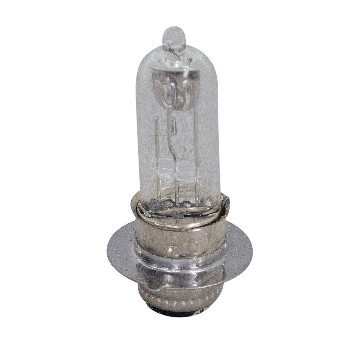 12 Volt 25 Watt Headlight Bulb with Rim, close-up showing the clear glass bulb and metallic rim, designed for vehicle headlights.