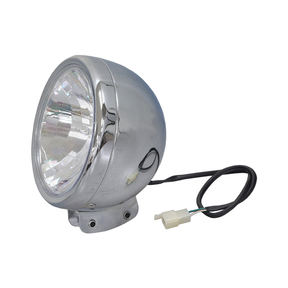 Chrome Headlight Assembly with 2 Wires for the Baja Mini Bike MB165, featuring a round silver headlight with attached black and white wires, enhancing the look of Baja Heat, Mini Baja, and Baja Warrior.