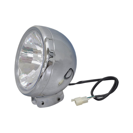 Chrome Headlight Assembly with 2 Wires for the Baja Mini Bike MB165, featuring a round silver headlight with attached black and white wires, enhancing the look of Baja Heat, Mini Baja, and Baja Warrior.