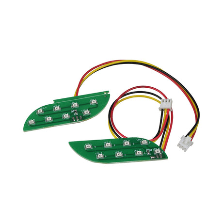 LED Lights for Self Balancing Hoverboards (Set of 2) featuring green circuit boards with black and red wires, white square buttons, and cable connectors, designed for front mounting on hoverboards.