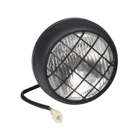 Fog Light for 150cc - 250cc Go-Karts & Dune Buggies, featuring a black round headlight with wire mesh, close-up details of the headlight and plug visible.