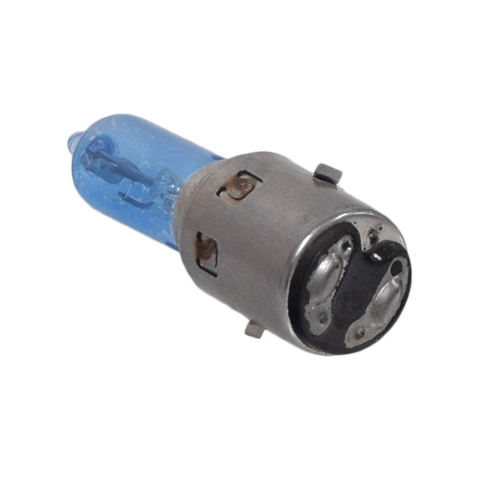 Bright Blue Light 12 Volt 35 Watt Headlight Bulb for 50cc-150cc Scooters, featuring a silver ring and clear blue coating with a standard BA20D base.