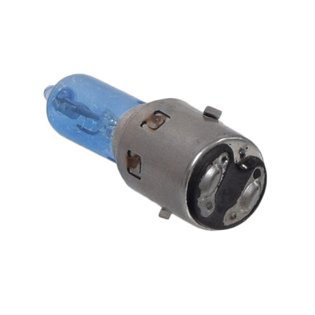 Bright Blue Light 12 Volt 35 Watt Headlight Bulb for 50cc-150cc Scooters, featuring a silver ring and clear blue coating with a standard BA20D base.