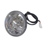 Close-up of the LED headlight for the MotoTec MT-FatBoy-500 Electric Scooter, showing the round light with clear bulbs, attached black cable, and mounting bracket.