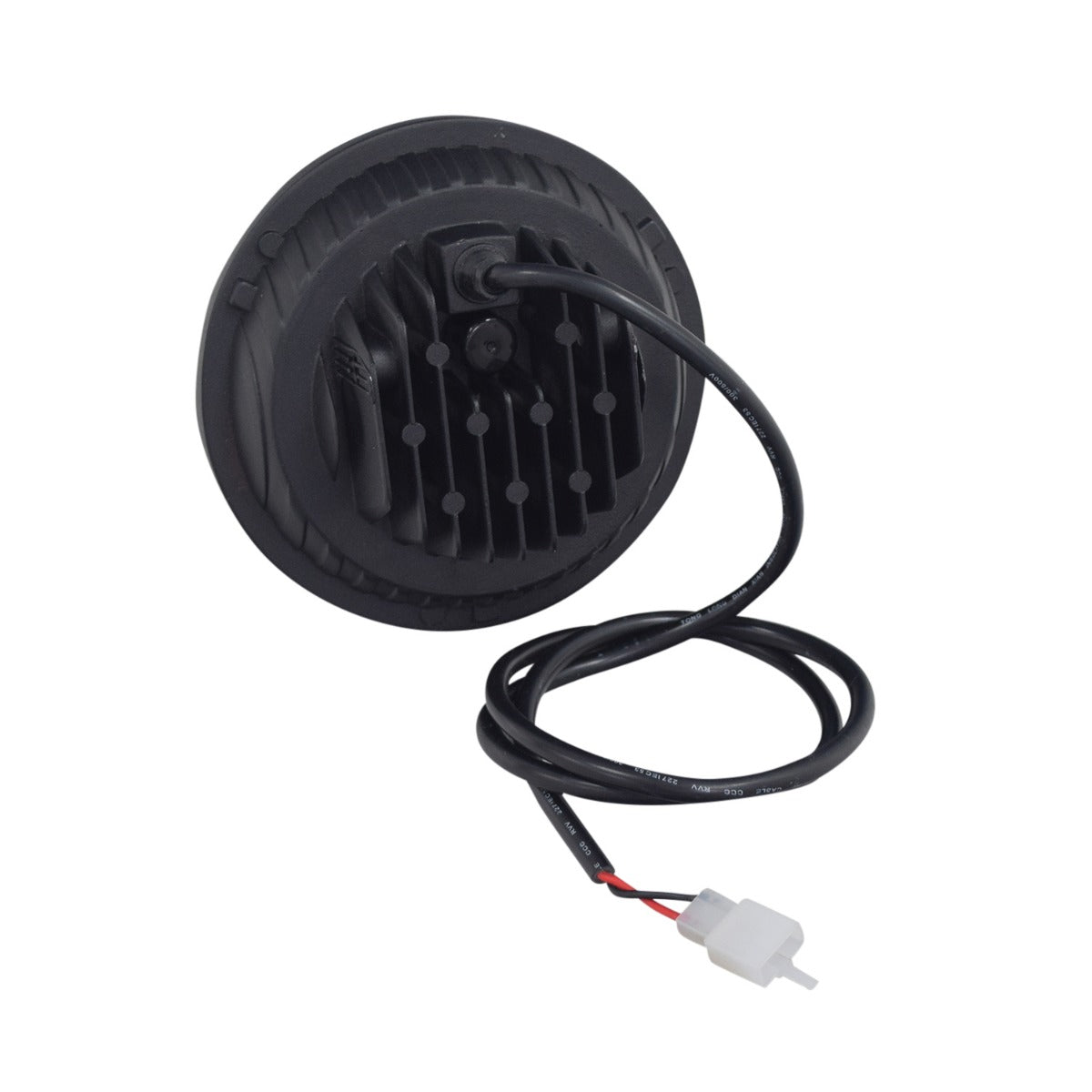 Headlight for the MotoTec MT-FatBoy-500 Electric Scooter, featuring a black round design with an attached wire, a white plug, and a 37 cable for mounting.