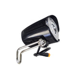 Headlight with Waterproof Wiring Harness for Electric Bikes, featuring a black and silver design, black plastic shroud, stainless steel mounting bracket, and a 7-3/4 waterproof wiring harness with a circular 3-pin connector.