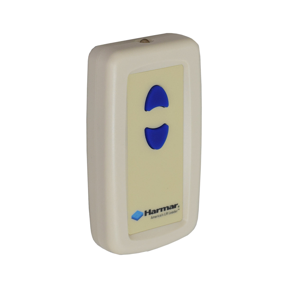 Remote Control for Harmar Pinnacle Series Stairway Lifts, featuring a simple 2-button up/down interface, shown in a close-up. Comes with two AAA batteries.