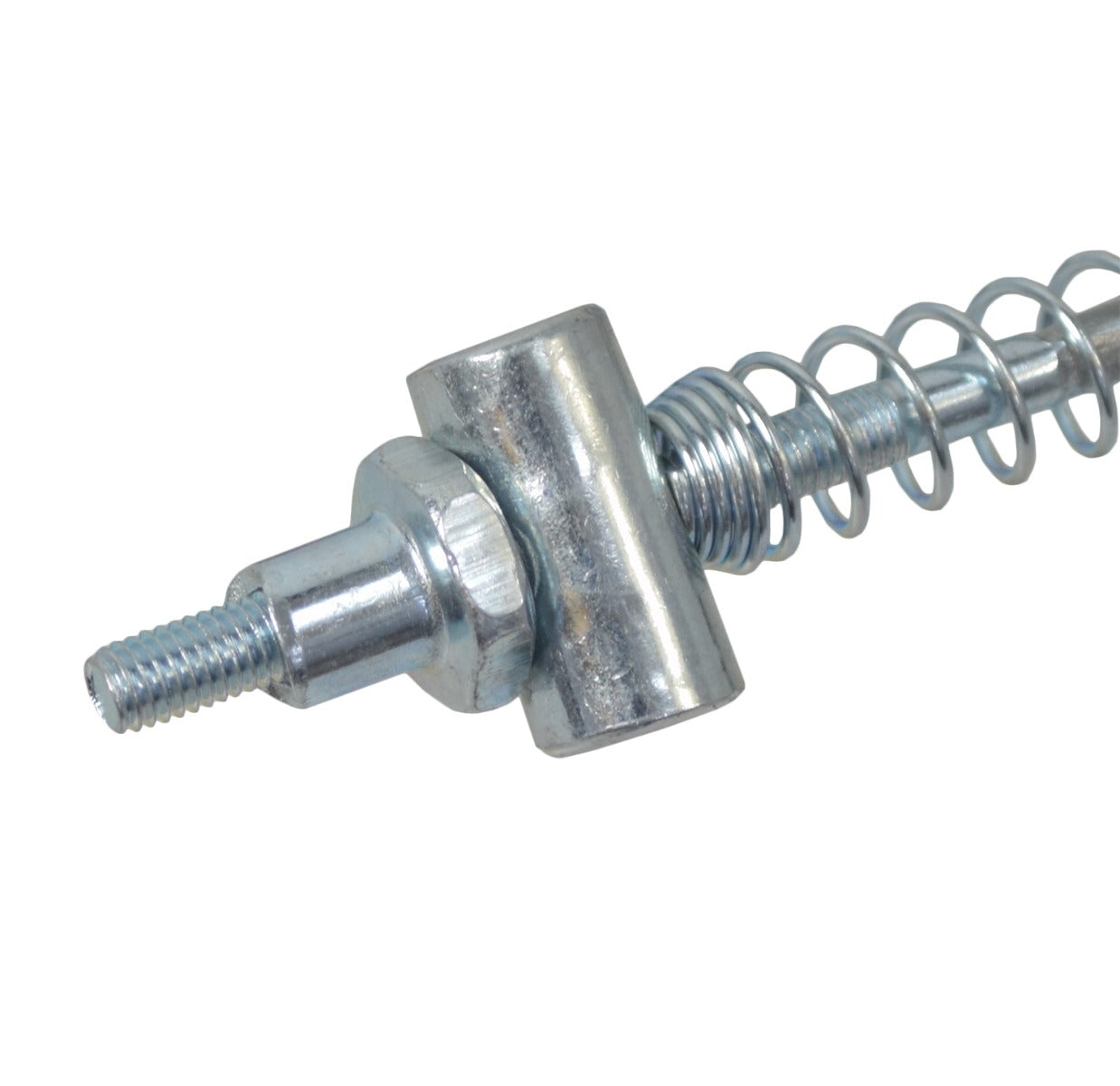 Close-up of a metal spring and screw, part of the 29 Scooter Drum Brake Cable, showcasing the unique ends suitable for GY6 powered scooters.