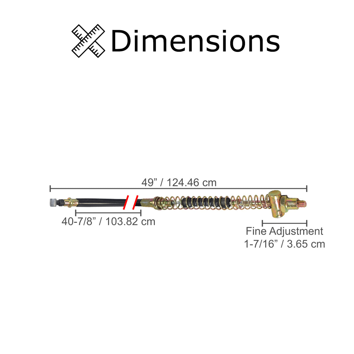 40-7/8 Scooter Drum Brake Cable featuring a black and yellow spring attached to a metal tube. Close-up details highlight the coiled metal spring and precise measurements for full-size scooters.