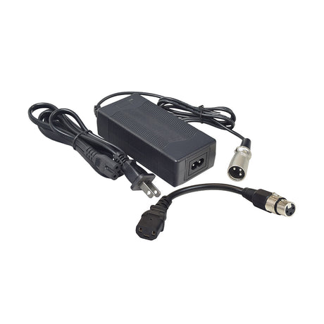 36 Volt 1.5 Amp XLR Battery Charger with Modified 3-Pin Connector, showing black power supply with attached wires, ideal for Mongoose and IZIP electric bicycles, includes multi-color LED charge indicators.