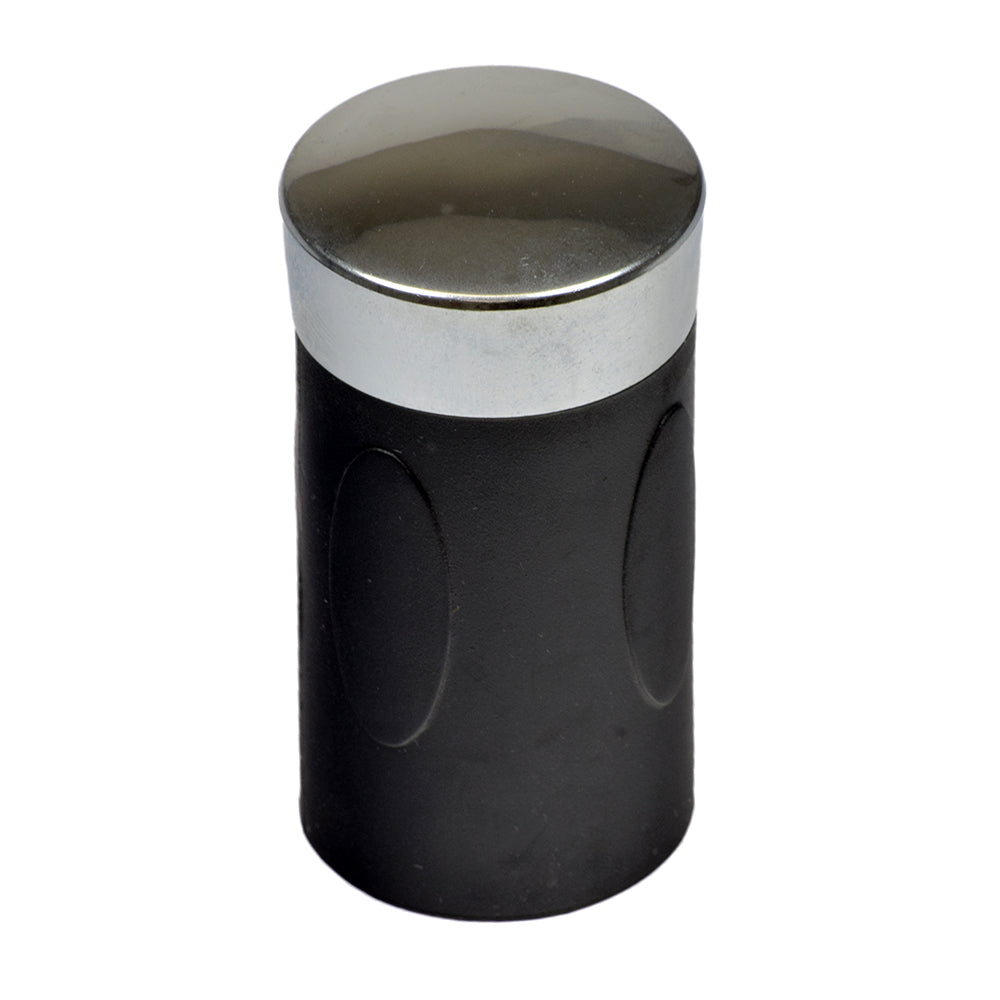 2-1/2 Rubber Handlebar Grip with Chrome End Cap, showing a sleek black rubber cylinder with a shiny silver end, ideal for electric scooters and bikes with twist-grip throttles.