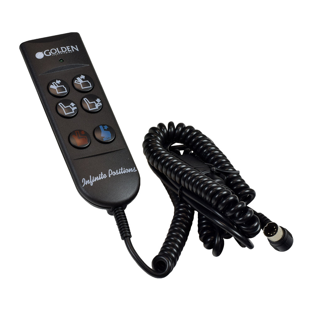 6 Button Hand Control for the Golden PR-502 Infinite Position Lift Chair (ZK756HCL) featuring a 5-pin connector, cord, and six buttons for recline, footrest, and lift functions.