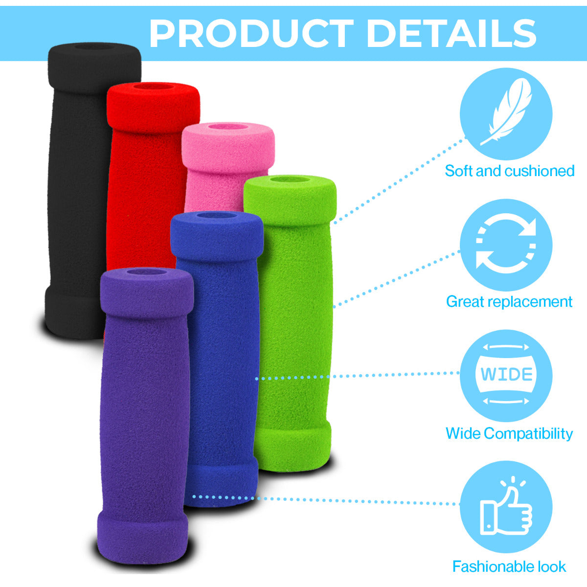 Handlebar Grip Set for Razor Kick Scooters & PowerWings, featuring several colorful foam grips arranged together, showcasing their soft, spongy texture and versatility for various scooter models.