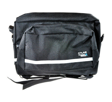 Handlebar Bag - Axiom, a black bag with a white stripe, featuring a pre-shaped main compartment, bungee cord, adjustable tie straps, and 3M reflective safety strip for night visibility.