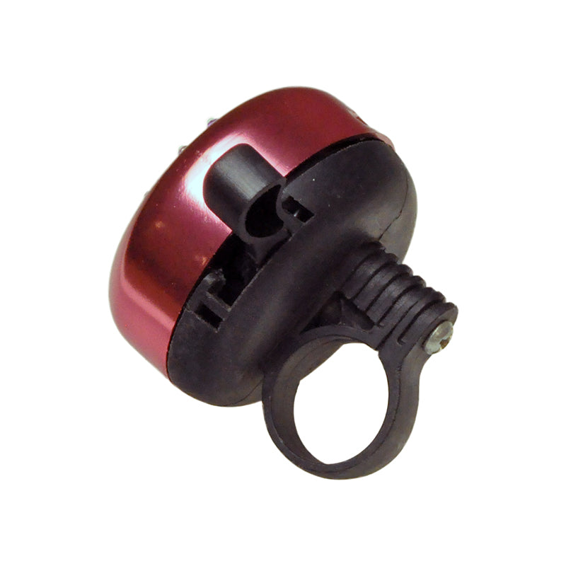 Handlebar Mount Bell with Diamonds for Bikes & Scooters: A compact, lightweight steel bell designed for handlebars, featuring a stylish red and black finish with diamond accents, perfect for bikes and scooters.