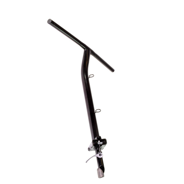 Complete Folding Handlebar Assembly for the eZip 1000, IZIP 1000, and Schwinn 1000 Scooters, showing a close-up of the black metal bar with handle, stem bolt, wedge, and quick release lever.