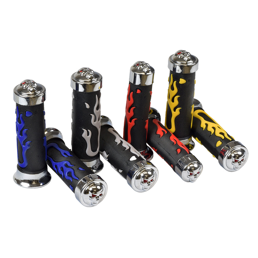 Universal Scooter Handlebar Grip Set with Skull & Flames, showing multiple close-ups of black rubber grips with flame designs and chrome end pieces, compatible with 7/8 handlebars for various scooter types.