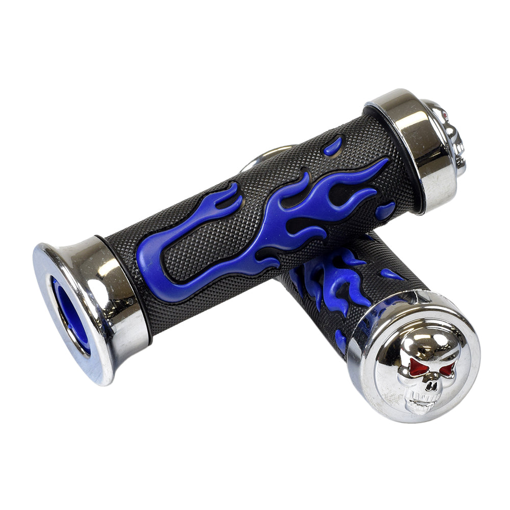 Universal Scooter Handlebar Grip Set with Skull & Flames: black rubber grips, chrome end pieces, and stylized flames, featuring a chrome skull detail, designed for 7/8 handlebars on various scooter types.