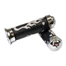 Universal Scooter Handlebar Grip Set with Skull & Flames featuring black rubber grips, chrome end pieces, and a striking skull and flame design, suitable for 7/8 handlebars on various scooters and ATVs.