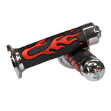 Close-up of the Universal Scooter Handlebar Grip Set featuring black rubber grips, chrome end pieces, and a skull and flame design, suitable for 7/8 handlebars on various scooters and ATVs.