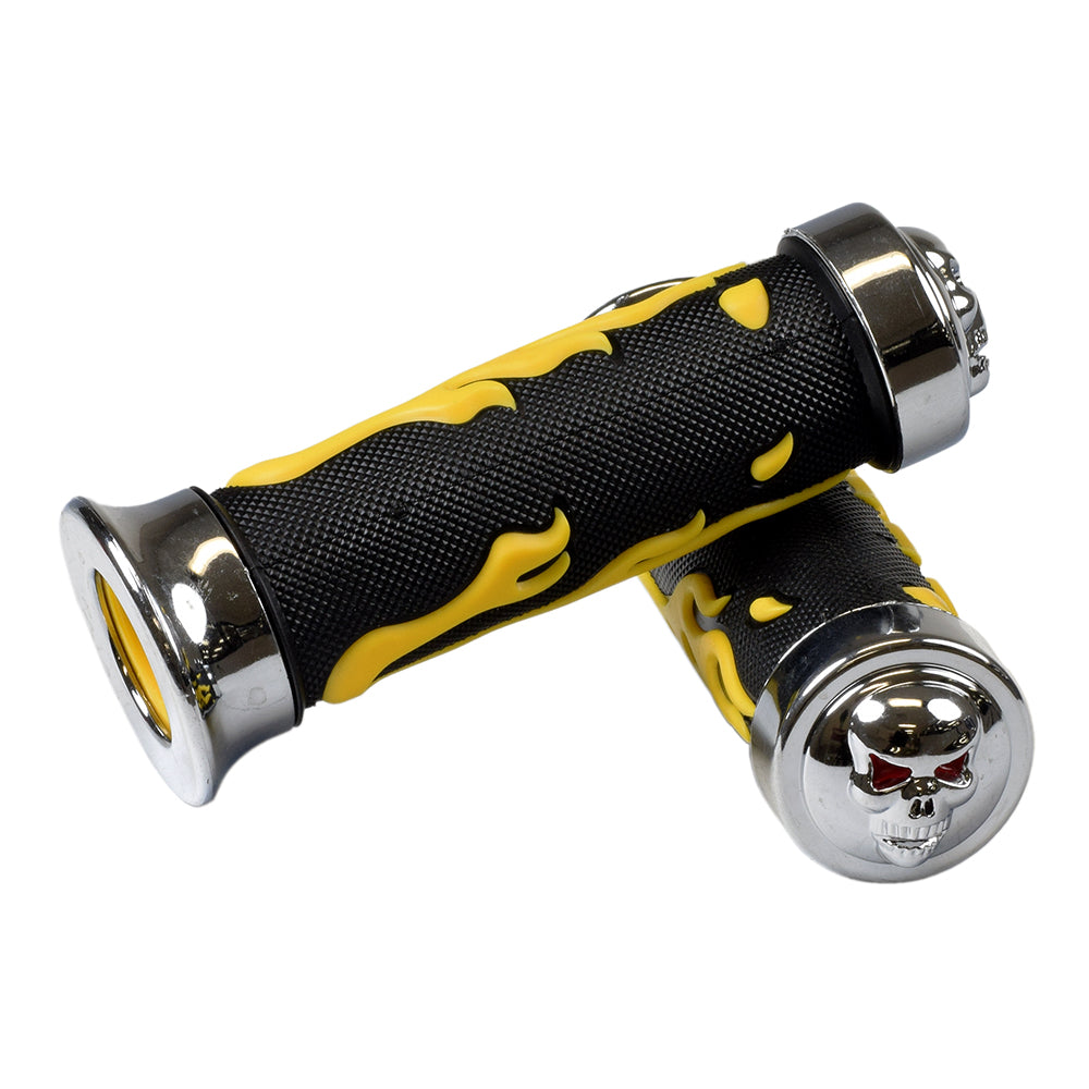 Universal Scooter Handlebar Grip Set with Skull & Flames featuring black rubber grips, chrome end pieces, and a skull and flame design, compatible with 7/8 handlebars for various scooters and ATVs.