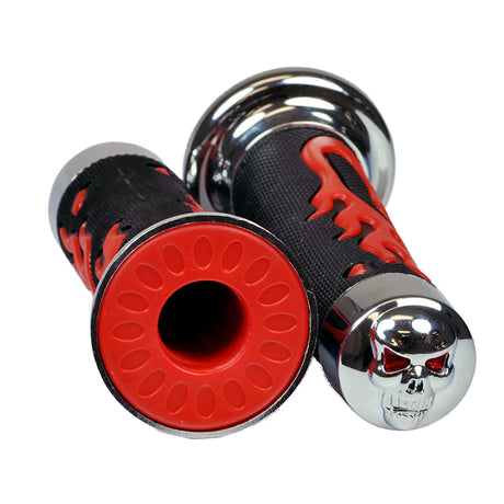 Close-up of the Universal Scooter Handlebar Grip Set with Skull & Flames, showcasing black rubber grips with chrome end pieces and a detailed skull and flame design, compatible with 7/8 handlebars.