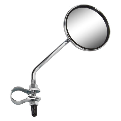 Handlebar Mirror with Reflector, featuring a clip and metal handle, designed for handlebars on mobility and recreational scooters, enhancing rear-view visibility with a built-in reflector on the backside.