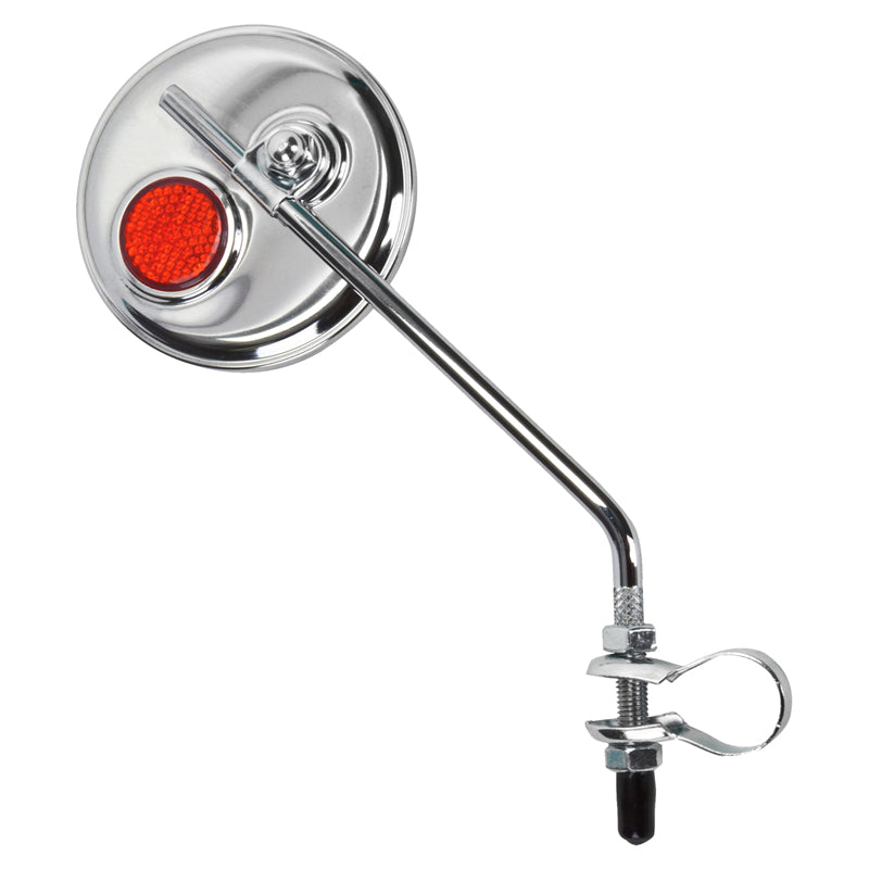 Handlebar Mirror with Reflector - Rear-view mirror with a built-in red reflector on the backside, designed for handlebars on mobility scooters, recreational scooters, and mini bikes.